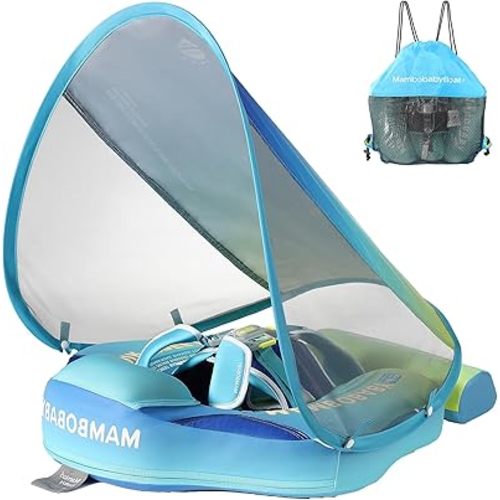 Mambobaby Float with Canopy Baby Float Non Inflatable Baby Safety Float for Swimming Pool Float Upgraded Tail Soft Skin-Friendly Material for Toddler Infant 3-24 Months, Rainbow Green