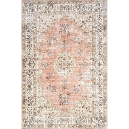 nuLOOM 4' x 6' SpinClean Machine Washable Stain-Resistant Area Rug with Non Slip Backing, Low Profile for Living Room, Bedroom, and Dining Room, Ren Peach