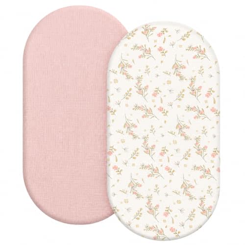 Organic Baby Bassinet Sheets 2 Pack 33”x17” 100% Muslin Cotton for Baby Girl Boy, Soft Fitted Mattress Pad Cover Compatible with Halo BassiNest Swivel Sleeper, Graco, Baby Delight, Chicco, Angelbliss