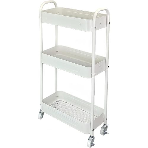 3 Tier Narrow Rolling Storage Cart for Laundry Room Bathroom Kitchen, 7.1'' Slim Utility Cart with Wheels and Lockable Casters Standing Shelf for Small Space & Between Washer and Dryer, White