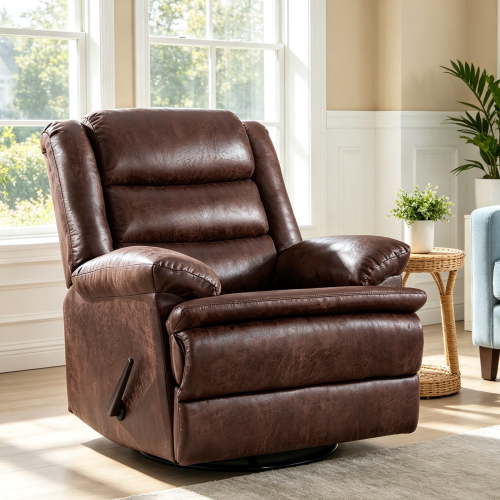 ZOY HOME Classic Swivel Rocker Recliner Chair, Manual Faux Leather Reclining Living Room Single Sofa with Side Handle & Overstuffed Arms, Light Brown