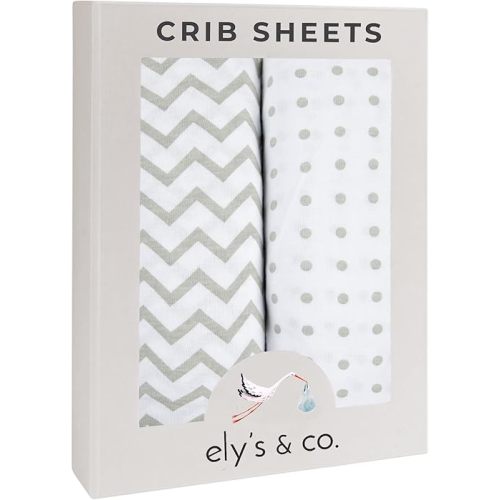 Ely’s & Co. Crib Sheets, Baby Boy/Girl Fitted Crib Mattress Sheet Set, 2 Pack, 100% Jersey Knit Cotton, Infant and Toddler Nursery Bedding, Grey Chevron and Polka Dot Print, 28” x 52”