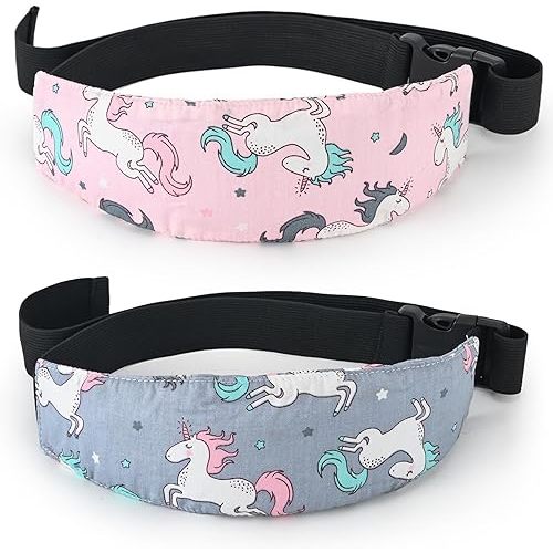 Fantasy Unicorn Baby Car Seat Head Support Strap, Pink & Grey, Cotton, 2 Pack, Adjustable Headrest Band for Stroller, Infant to Toddler