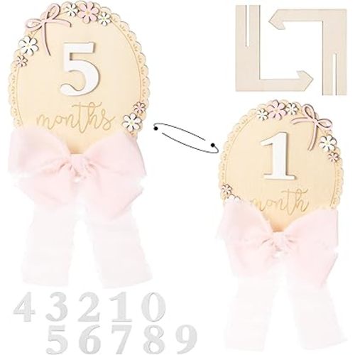 Baby Monthly Milestone Sign, Milestone Wooden Circles with Numbers,Pink Ribbon and Stand, 3D Flowers Photo Prop, Wooden Babies Birth Announcement Sign for Baby Pregnancy Growth Photo Prop