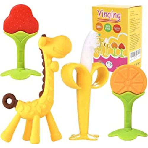 Baby Teething Toys, Silicone Baby Teether Soothe Babies Gums, Baby Banana Toothbrushes, Fruit Shape Giraffe Teething Toys with Storage Case/Bpa-Free Teether Set for Toddler
