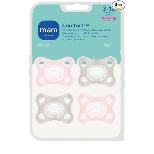 MAM Comfort Baby Pacifiers 3-12 Months Babies, Lightweight One-Piece Full Silicone Binky, BPA-Free Nipple, Easy to Clean Pacifier, Best for Breastfed Babies, 4 Count, Made in Europe