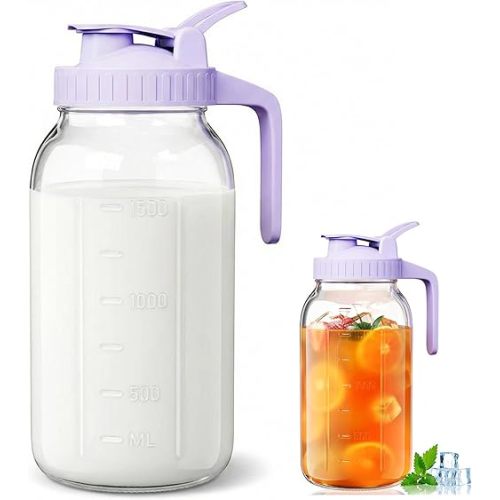 Glass Breastmilk Pitcher, 64oz Breastmilk Storage Bottle with Flip Cap and Spout, Leak-Proof Formula Mixing Pitcher, Fridge and Freezer Safe