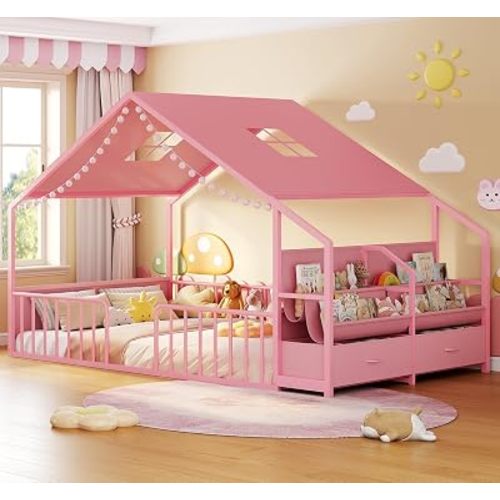 Montessori Full Size Floor Bed, Safety Guardrails, Reading Nook, Pink