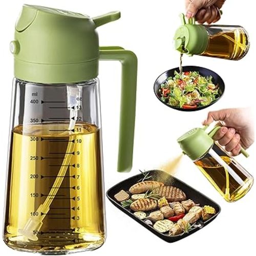 TrendPlain 16oz/470ml Glass Olive Oil Sprayer for Cooking – 2 in 1 Olive Oil Dispenser Bottle for Kitchen Gadgets and Air Fryer Accessories, Salad, BBQ - Green