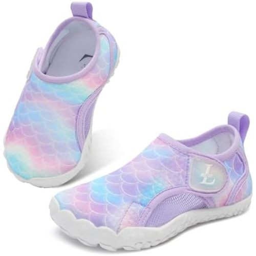 Kids Water Shoes Quick Dry Aqua Socks Breathable Mesh with Hook & Loop Non-Slip Sole for Boys Girls Beach Swim Pool Lake