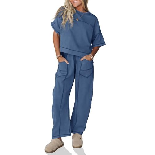 Fisoew Womens 2 Piece Outfits Lounge Sets Short Sleeve Tops and Wide Leg Pants Travel Vacation Casual Matching Sets