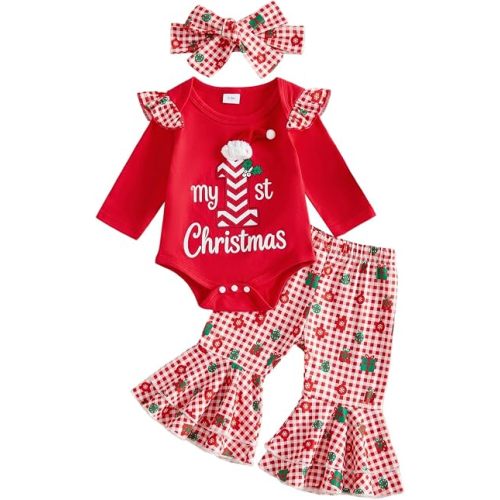 My First Christmas Baby Girl Outfits Newborn Infant Christmas Clothes Set | Newborn Baby Girl Christmas Outfit Infant Long Sleeve Romper Flare Pants Headband Winter Holiday Clothes Set