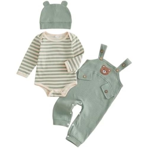 Kupretty Baby Boy Clothes Infant 3pcs Outfit Set Long Sleeve Striped Romper Bear Embroidery Overall Suspender Pants Hat Sets