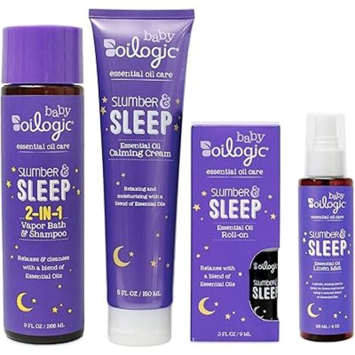 Oilogic Baby Essentials - Baby Bath - Slumber & Sleep Gift Set 4-Pack - Roll-On Essential Oil 3 oz, Calming Cream, Vapor Bath & Linen Mist - Made with Lavender and Chamomile Essential Oil