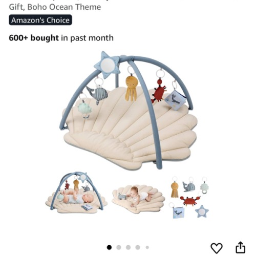 Blissful Diary Shell Baby Play Gym Mat, Softer & Enlarged Tummy Time Mat w 6 Detachable Toys for Sensory & Motor Skill Development, Activity Mat for Newborn Essentials Shower Gift, Boho Ocean Theme