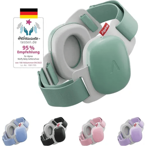 Alpine Muffy Baby Comfort - Protects Hearing for Babies and Toddlers - CE & ANSI Certified - Unique Headband for Safe fit & Comfort - Multi-adjustable for Ages 3-48 Months, 24dB Sound Reduction, Green