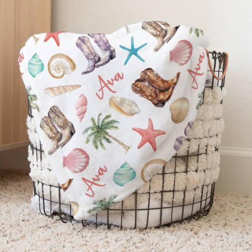 Coastal Cowgirl Blanket, Personalized Teen Girl's Gift, Beach Nursery Decor, Girl's Baby Shower Gift, Western Swaddle, Beachy Aesthetic