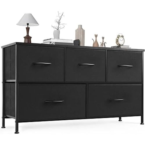 OLIXIS Dresser for Bedroom, 5 Storage Fabric Drawers, Metal Frame and Wooden Top, Tall Storage Drawer Dresser for Closet with Easy Pull Handles for Living Room, Entryway, Small Space Black