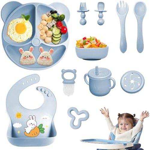 Silicone Baby Feeding Set, 11 Pcs Baby Led Weaning Supplies, Baby Spoons & Forks Suction Bowl Divided Plate Bib Cup, First Stage Solid Food Eating Utensils - 6+ Months (Blue)