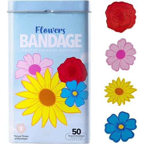 BioSwiss Bandages, Flowers Shaped Self Adhesive Bandage Set, Latex Free, Sterile Wound Care, 50 Count