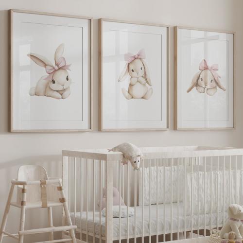 Set de 3 láminas de acuarela con diseño de conejito para habitación infantil / Ilustración de conejo con lazo rosa / Decoración para dormitorio de