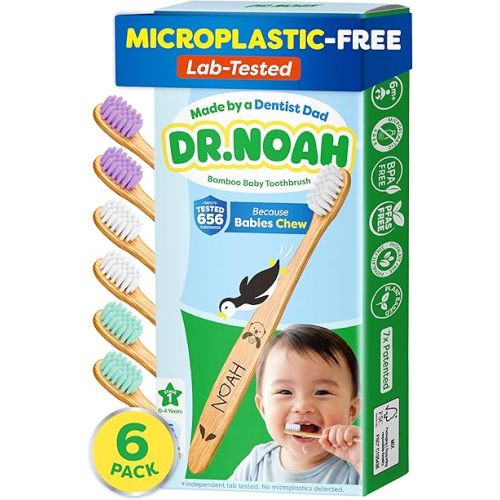 Dr. Noah Microplastic-Free Bamboo Baby Toothbrush | Dentist Designed | 656 Substances Safety Tested | BPA, PFAS & Phthalate Free | 6-Pack | Soft Bristles | Infant to Toddler, 6-12 Months, Age 2-4 Kids