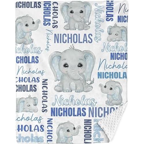 Personalized Baby Elephant Blanket Custom Dotted Backing with Name 35x45in Nursery Blankets Gifts for Newborn Baby Boy and Girl Custom Baby Blanket Newborn Holiday Shower Gift