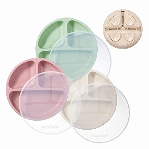 PandaEar Silicone Suction Plates for Babies & Toddlers, 3 Pack Divided Unbreakable Plates with Lid - Non-Slip - Dishwasher and Microwave Safe (Pink Green Light Tan)