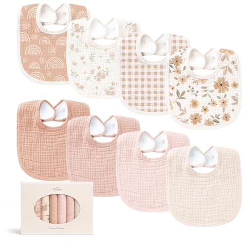 Konssy 8-Pack Muslin Baby Bibs, Adjustable Fit for Drooling and Teething | Soft Absorbent, Drool Bibs for Baby Boys Girls, Cotton Front with Fleece Backing, Newborn to Toddler 0-36M