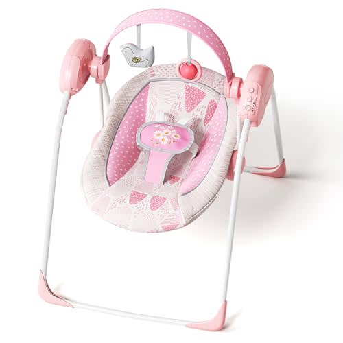 Portable Baby Swing, Pink Electric Infant Swing with 5 Speed Levels, 6 Songs & Timer – Battery-Powered Only (No Batteries Included) Pink and White