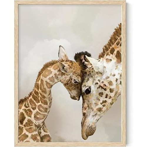 ROLY BEE Giraffe Mom and Baby Cute Animal Wall Decor Picture Canvas Print for Kids Room Nursery School Playroom Unframed (12" x 16")