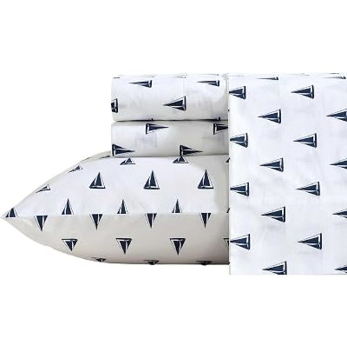 Nautica - Sheets, Cotton Percale Bedding Set with Matching Pillowcase, Crisp & Cool, Deep Pocket (Windtale Boat Navy, Twin)