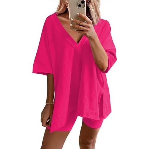 Ekouaer Womens Pajamas 2 Piece Lounge Sets Oversized V Neck T-Shirts Tops Biker Shorts Set Workout Reversible Tracksuit S-XXL