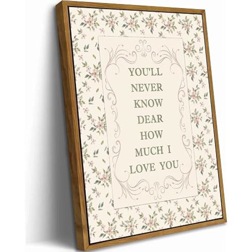 Floating Framed Boho Cute Nursery Canvas Wall Art, You'll Never Know Dear How Much I Love You Quote Painting Picture Wall Decor, Vintage Pink Wildflower Poster Print Artwork for Girl Room, 8x10 inch
