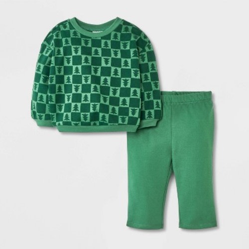 Baby 2pc Holiday Checkered Christmas Tree Fleece Sweatshirt and Pull-On Pants Set - Cat & Jack™ Green Newborn