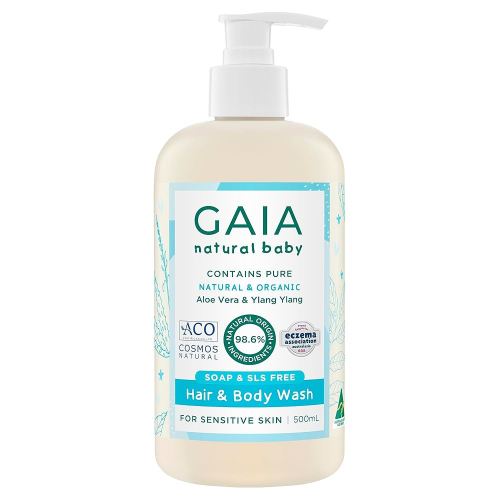 GAIA skin Natural Baby Hair and Body Wash ; Certified Natural ; Suitable for Newborns ; Sensitive Skin formula ; organic Aloe Vera ; Soap Free ; Perfume Free ; Gentle Baby Wash ; Australian Made - 500ml