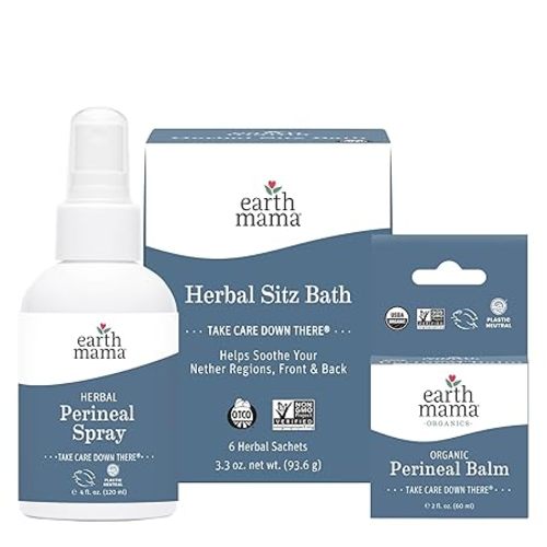 Earth Mama Postpartum Recovery Kit, Take Care Down There® Trifecta with Organic Perineal Balm, Sitz Bath & Herbal Peri Spray, 3-Piece Set