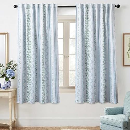 Light Blue and White Floral Blackout Curtains 63 Inch Length 2 Panel Set, Cottage Core Green Scalloped Thermal Insulated Drapes, Coastal Grandma Black Out Curtains for Living Room 63 Inch Long