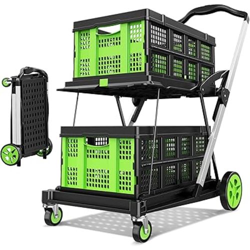 Collapsible Shopping Cart, 8-in-1 200LBS Multi Functional Utility Cart with 2 Storage Crate,Adjustable Handle Grocery Cart on Wheels for Shopping/Warehouse/Office/Supermarket -Green