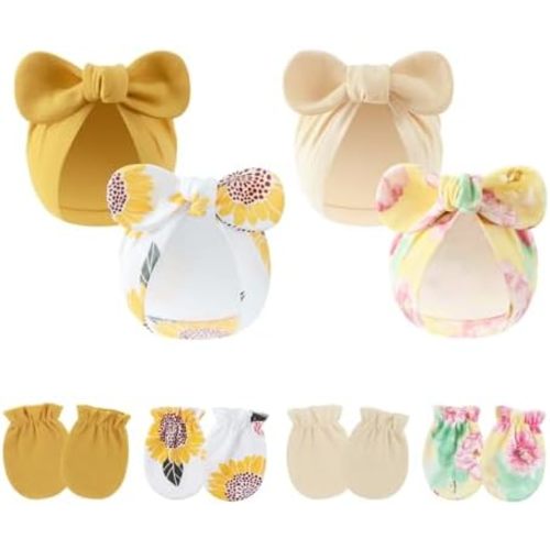 LIDHAY 4PCS Newborn Baby Hospital Hats Beanie Bow Infant Caps Cotton Preemie Hats No Scratch Mittens Set for 0-1 Years Old