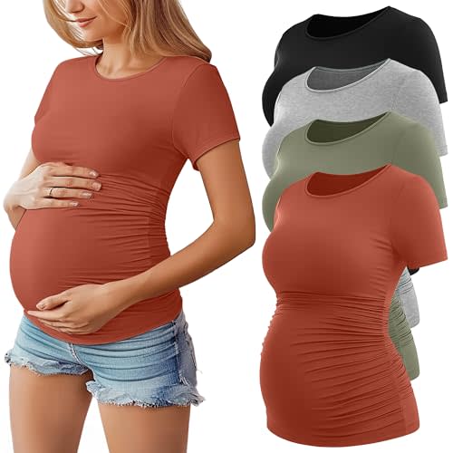 Huukeay 4 Pack Women's Maternity Shirts, Crew Neck Maternity Top Short Sleeve Casual Cotton Tee Side Ruched Pregnancy Clothes