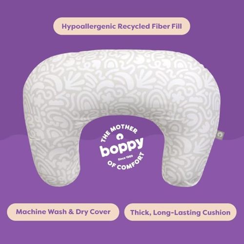 Boppy Nursing Pillow - Firm, Ergonomic U-Shaped Bottle and Breastfeeding Pillow with High Lift for Comfort and Support, Spacious Surface - Cream Retro Squiggles