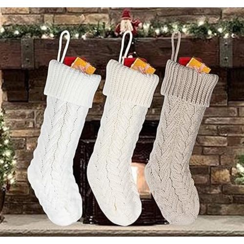 ilauke Knit Christmas Stockings, 3 Pack 18 Inch Large Cable Knitted Christmas Stockings Decorations, Perfect for Hanging Xmas Stockings Boho Style Stocking Decorations, Family Holiday Decor