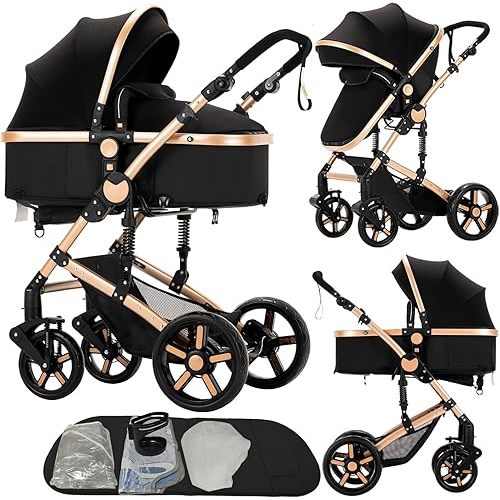 2 in 1 Baby Stroller, Convertible Pram, Reversible Standard Baby Stroller, Portable Baby Buggy, Infant Carriage, Foldable High Landscape Pushchair for Toddler Newborn (2US588-BG)