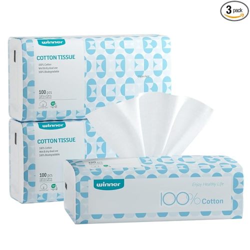 Winner Soft Face Towels, 100% USDA Biobased Facial Towels, Unscented for Sensitive Skin, OEKO-TEX Certified Face Towelettes Disposable, Makeup Remover Dry Wipes, 300 Count, Pack of 3