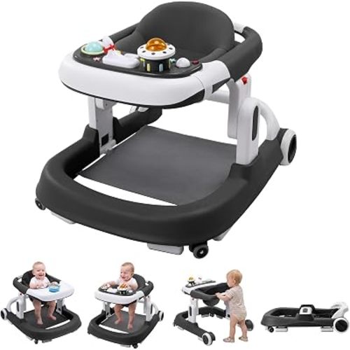 Baby Walker with Wheels, 5-in-1 Foldable Infant Toddler Walker for Boys Girls 6-18 Month,One-Step Fold Structure, 3 Adjustable Heights, Detachable Seat,Push Walker with Speed Control Wheels, Black