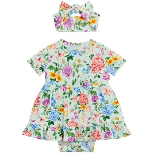 Infant Baby Girl Bodysuit Dress with Hairband Set, Bamboo Viscose Summer Clothes Outfit