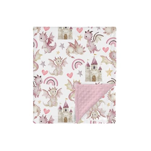 HawSkgFub Pink Purple Dragon Castle Mink Baby Blankets with Dotted Backing Girls Shower Gift, Cute Flying Dragons Double Layer Nursery Swaddle, Soft Newborn Infant Toddler Bed Crib Bedding 30 x 40