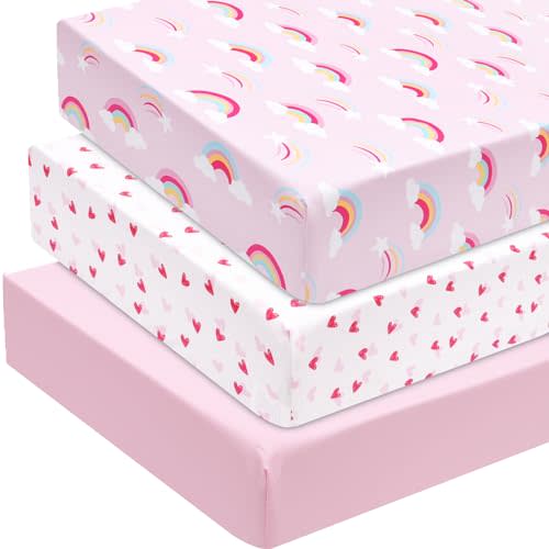 david's kids 3 Pack Fitted Crib Sheets, Ultra Soft Breathable Comfortable Baby Sheet Set for Girls Neutral, 28x52 Inch Fits Standard Crib and Toddler Mattresses, Rainbow