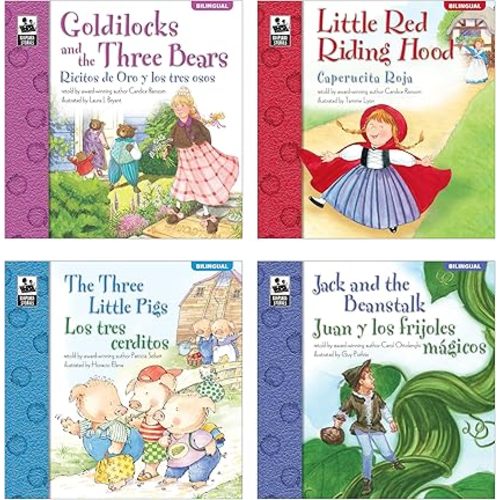 Carson Dellosa Education Keepsake Stories Classic Children's Fairy Tales in Spanish & English Book Set,The Three Little Pigs,Little Red Riding Hood,Goldilocks,Jack & Beanstalk Bilingual Books for Kids